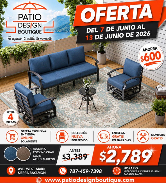 Oferta 7-13 junio Pre-Orden mueble Aluminio sofá y 2 sillas mecedoras. Cojines azul y marrón