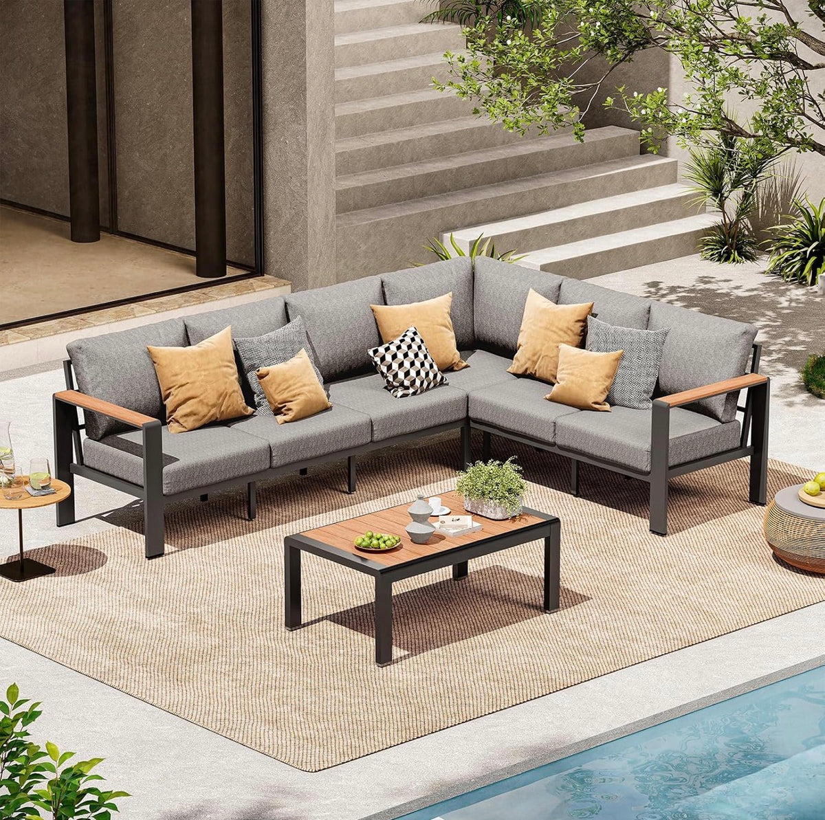 Juego de muebles de aluminio forma en L color gris