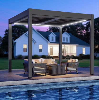 Pre-orden Pérgola de aluminio para exteriores de 10 x 10 pies, pérgola eléctrica ajustable con luces LED y sistema de canalón.