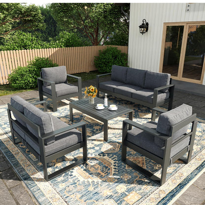 Pre -orden Juego de muebles de aluminio moderno de 5 piezas color gris cojines gris oscuro.
