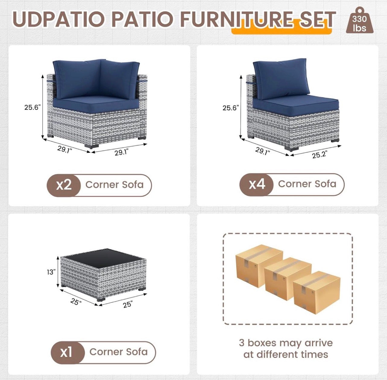 Pre- orden Juego de muebles de patio, 7 piezas (cojines azules con ratán gris)