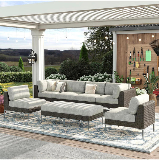 Pre- venta Juego de 8 muebles de mimbre grandes para patio, sofá modular en forma de L y asiento ancho profundo con cojines de 6 pulgadas de grosor( brown y gris)