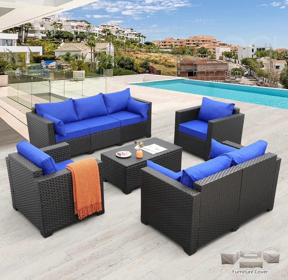 Pre-venta Juego de muebles de patio para exteriores de 5 piezas cojines azul pavo real, mesa de almacenamiento de ratán)mimbre negro