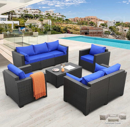 Pre-venta Juego de muebles de patio para exteriores de 5 piezas cojines azul pavo real, mesa de almacenamiento de ratán)mimbre negro