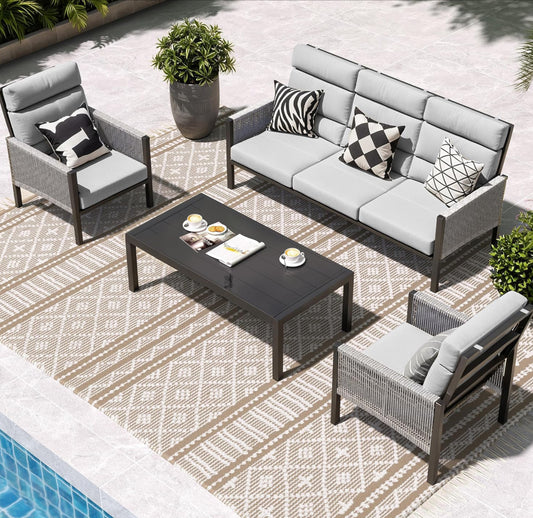Juego de muebles de aluminio para patio, sofá seccional de respaldo alto, 4 piezas modernas para porche, balcón, jardín, gris claro