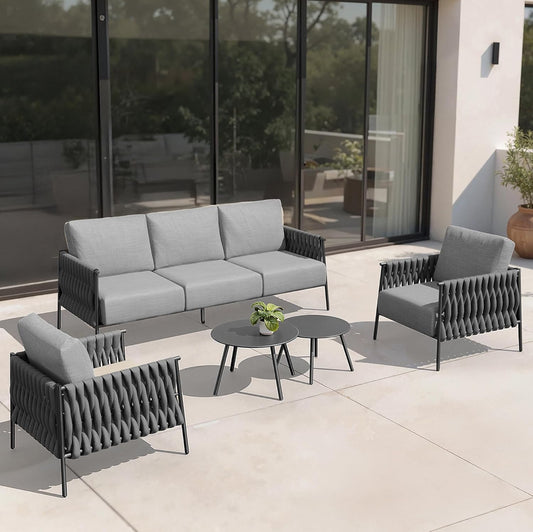 Pre-venta Juego de muebles de patio de 5 piezas, muebles de exterior metal Life Chatter de 5 asientos. Cojines gris