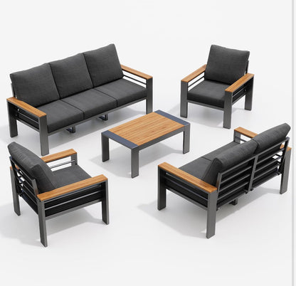 Pre-venta Juego de muebles de aluminio gris 5 piezas con madera sintética. Cojines color gris.