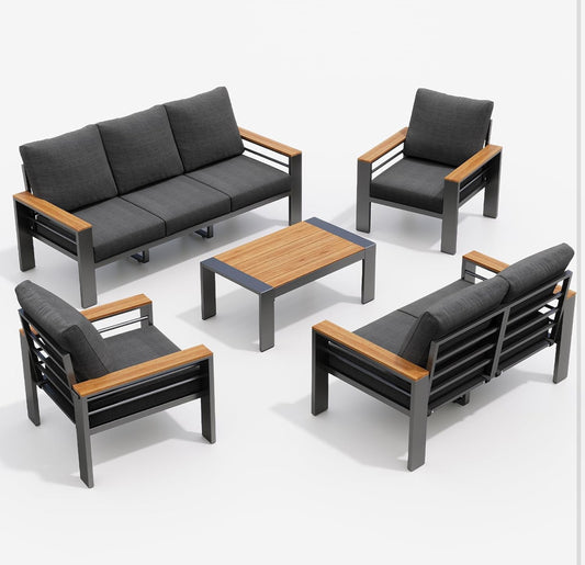 Pre-venta Juego de muebles de aluminio gris 5 piezas con madera sintética. Cojines color gris.