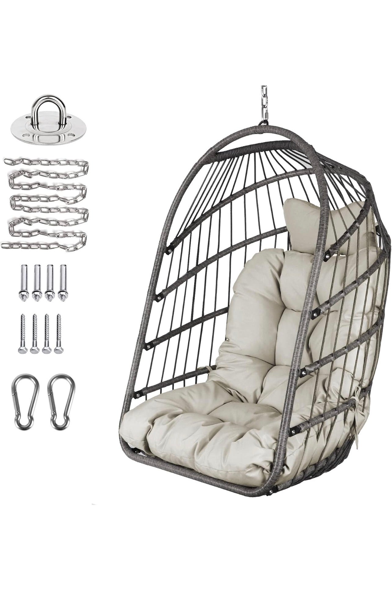 Silla plegable de mimbre para colgar en interiores y exteriores, silla de mimbre color gris.