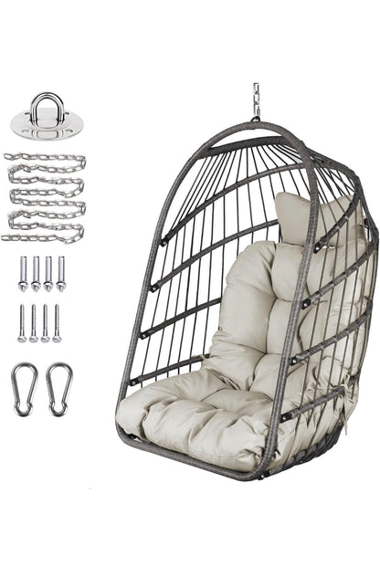 Silla plegable de mimbre para colgar en interiores y exteriores, silla de mimbre color gris.