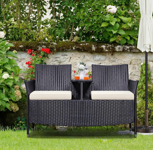 Pre-venta sofá biplaza de patio mimbre negro cojines crema.
