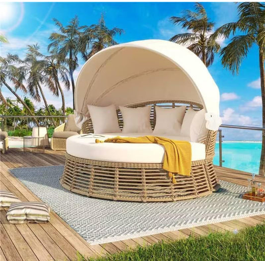 Pre-venta Sofá cama redonda de ratán para patio al aire libre con toldo retráctil, asiento seccional de mimbre con cojines extraíbles para patio, porche (beige)