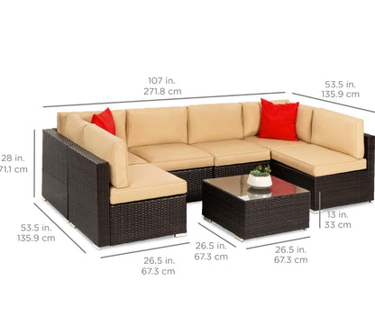 Juego de muebles modulares de mimbre para exteriores de 7 piezas. Color marrón cojines beige