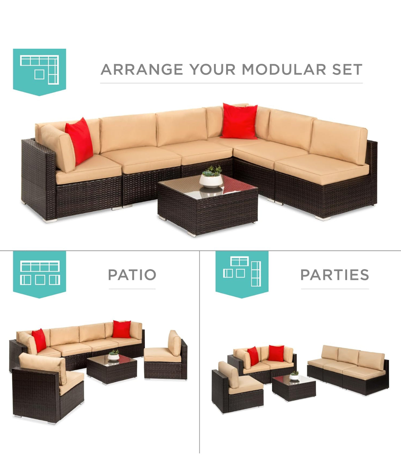 Juego de muebles modulares de mimbre para exteriores de 7 piezas. Color marrón cojines beige