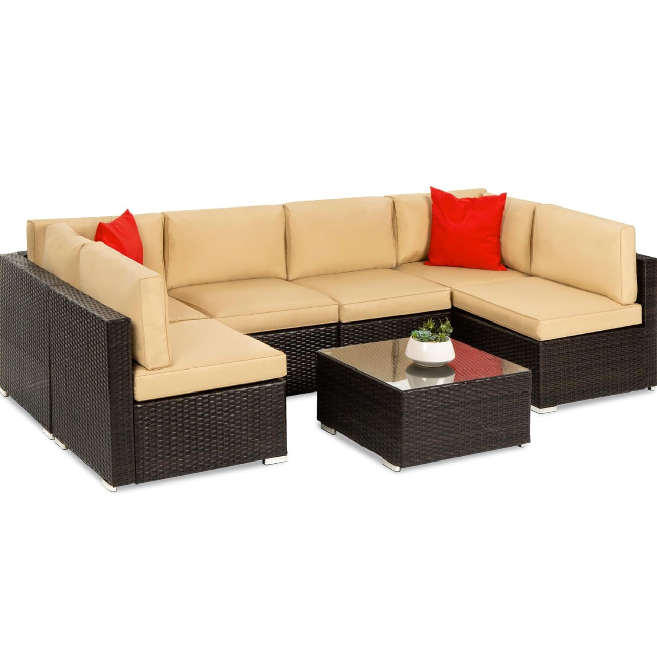 Juego de muebles modulares de mimbre para exteriores de 7 piezas. Color marrón cojines beige
