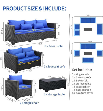 Pre-venta Juego de muebles de patio para exteriores de 5 piezas cojines azul pavo real, mesa de almacenamiento de ratán)mimbre negro