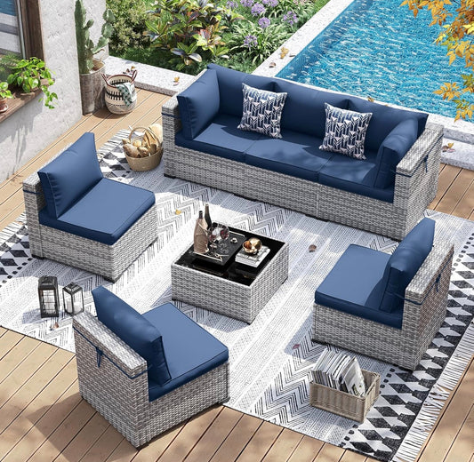 Pre- orden Juego de muebles de patio, 7 piezas (cojines azules con ratán gris)