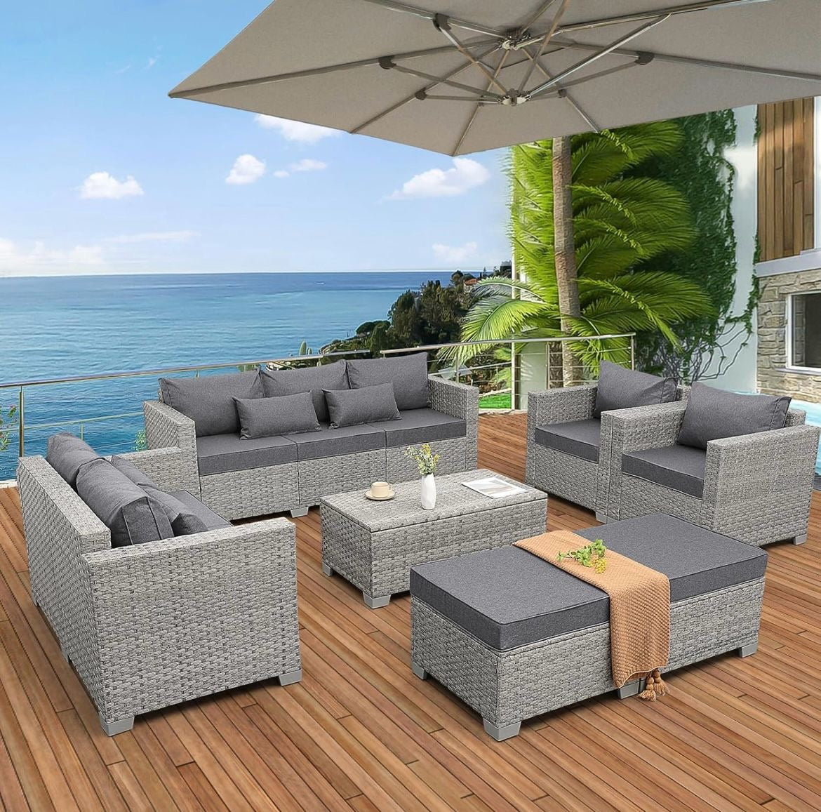 Pre-venta Juego de muebles de patio de ratán gris, 7 piezas. Mimbre gris con cojines gris. Mesa storage