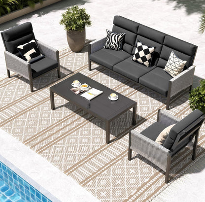 Juego de muebles de aluminio para patio, sofá seccional de respaldo alto, 4 piezas modernas para porche, balcón, jardín, gris oscuro.