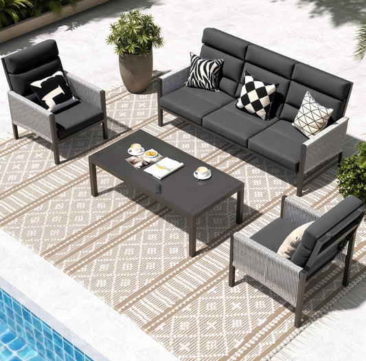 Juego de muebles de aluminio para patio, sofá seccional de respaldo alto, 4 piezas modernas para porche, balcón, jardín, gris oscuro.