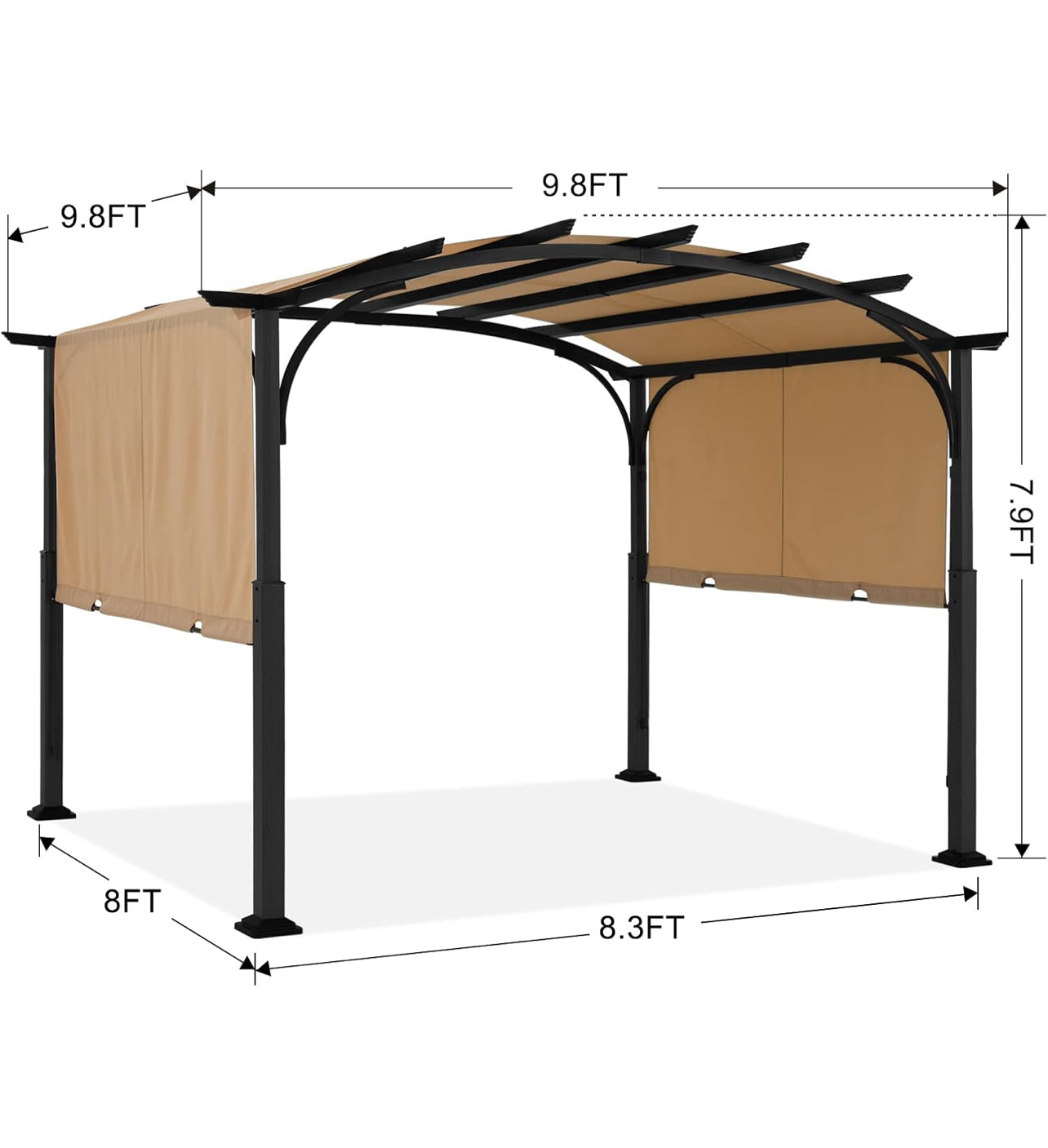 Pérgola para exteriores de 10 x 10 pies, cenador arqueado para patio con sombra retráctil, color beige