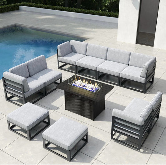 Pre-venta SUPER Juego de muebles de patio de aluminio de 11 piezas con mesa de fogata de gas propano de 44 pulgadas. Aluminio negro con cojines gris o azul