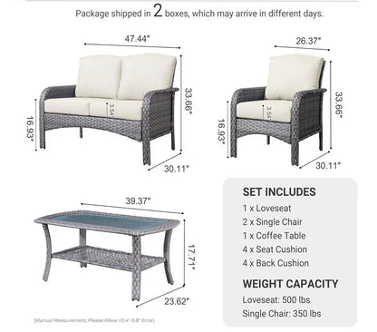 Pre-venta Juego de muebles de 4 piezas para patio, sofá biplaza de mimbre de ratán con respaldo alto y cómodos (gris y crema)
