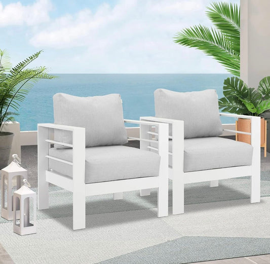 Set Sillón de aluminio para todo tipo de clima, silla de aluminio blanco con cojines gris claro