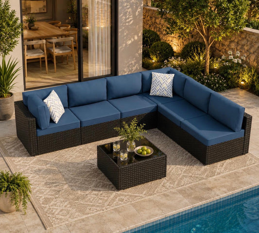 Pre -orden Muebles modular de 7 piezas mimbre negro cojines azul con mesa.