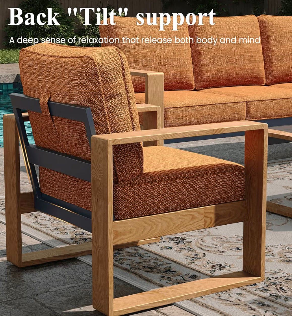 Pre orden Juego de muebles de patio de aluminio de 4 piezas. Cojines color naranja