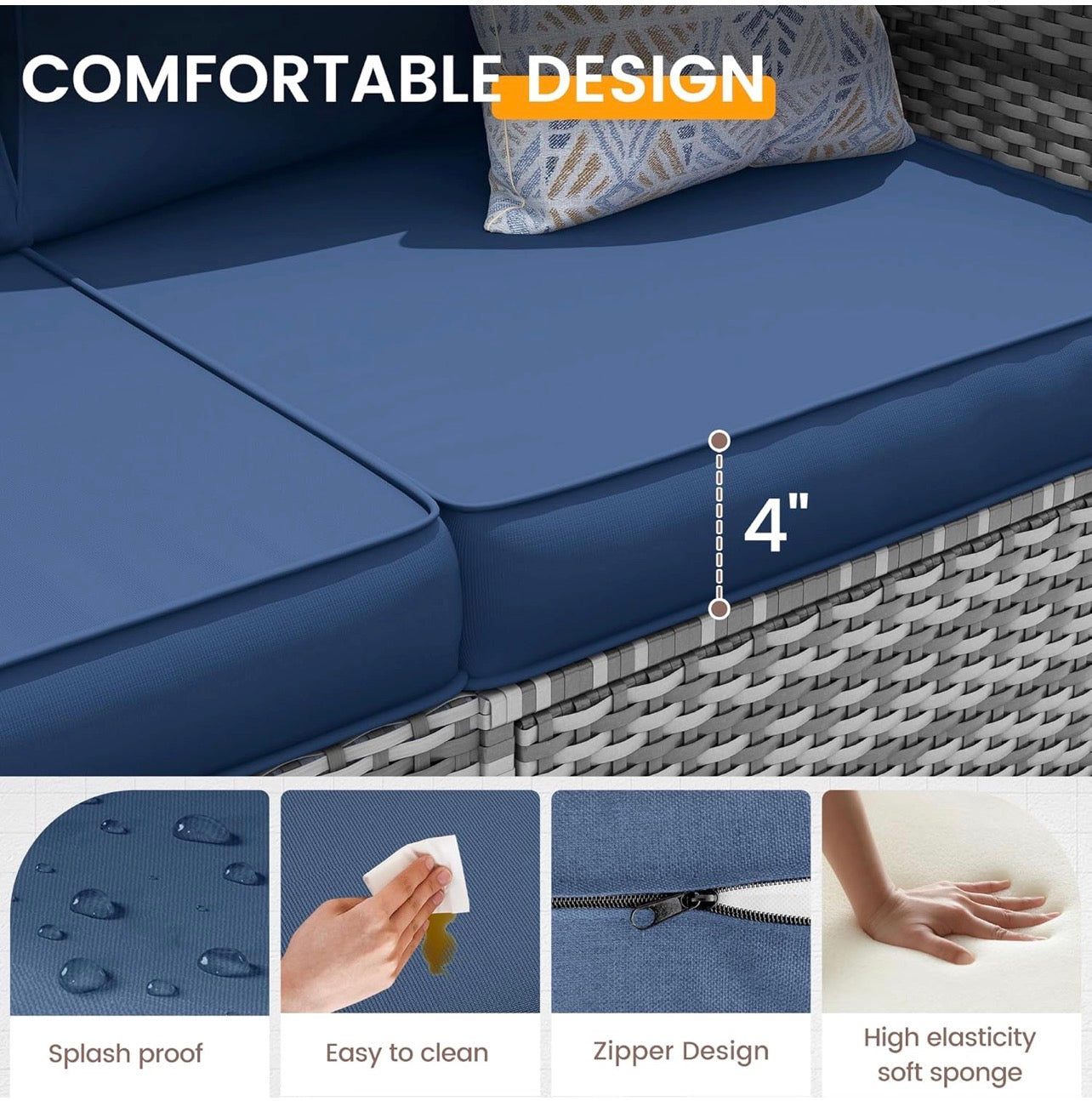 Pre- orden Juego de muebles de patio, 7 piezas (cojines azules con ratán gris)