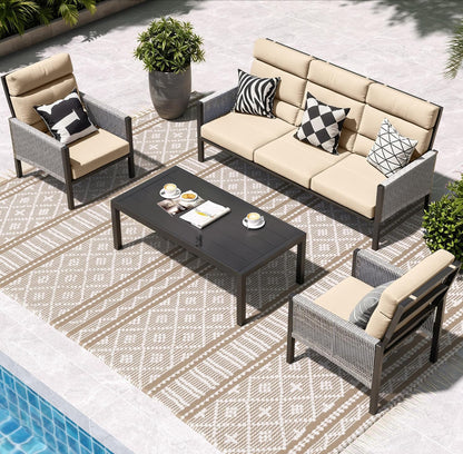 Juego de muebles de aluminio para patio, sofá seccional de respaldo alto, 4 piezas modernas para porche, balcón, jardín, beige