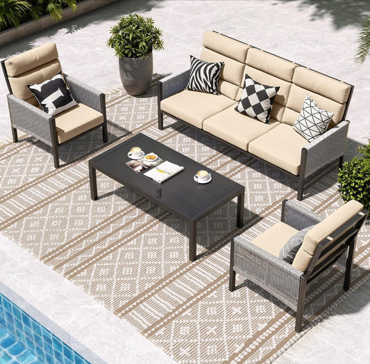 Juego de muebles de aluminio para patio, sofá seccional de respaldo alto, 4 piezas modernas para porche, balcón, jardín, beige