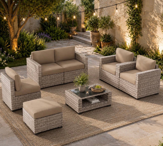 Pre-orden Juego de mueble 7 piezas (mimbre gris blanco-camello y mesa de centro cojines beige)