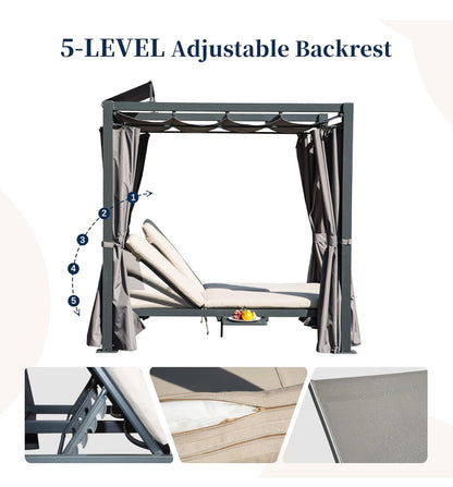 Domi Sofá cama de aluminio para patio al aire libre con cama retráctil con dosel retráctil, cortina gris con cojín beige y soporte para tazas.