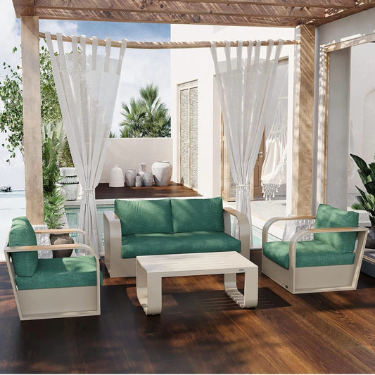 Pre-venta Juego de muebles de patio de 4 piezas, muebles de exterior de aluminio con reposabrazos de madera de teca.