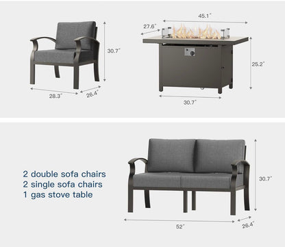 Set con fogata aluminio marrón cojines gris. 5 piezas