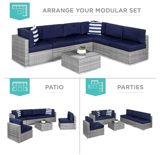 Pre-venta modular 7 piezas mimbre gris cojines azul marino con mesa cuadrada con cristal.