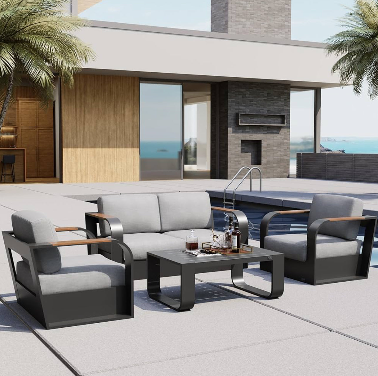 Juego de muebles de patio de 4 piezas, muebles de exterior con marco de aluminio, asientos profundos para exteriores.