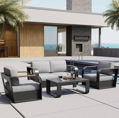 Juego de muebles de patio de 4 piezas, muebles de exterior con marco de aluminio, asientos profundos para exteriores.