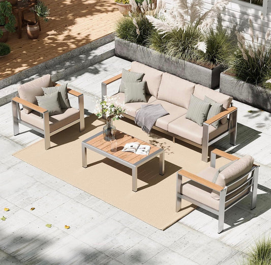 Set 4 piezas exterior aluminio cojines beige.