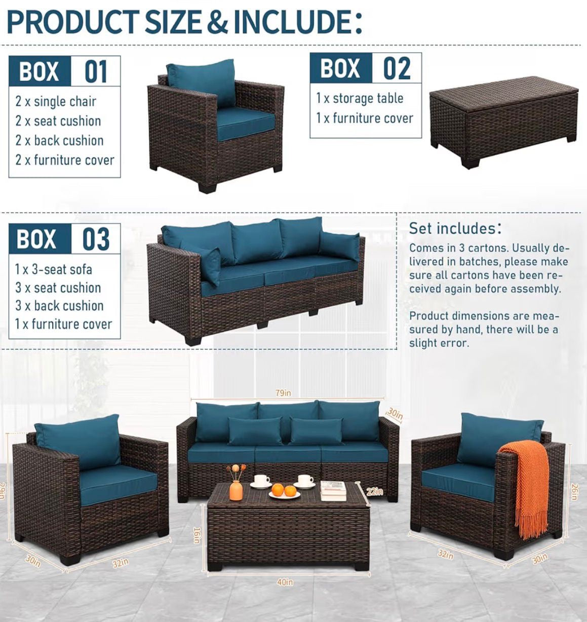 Juego de mueble en mimbre marrón cojines azul pavo real