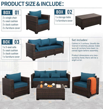 Juego de mueble en mimbre marrón cojines azul pavo real