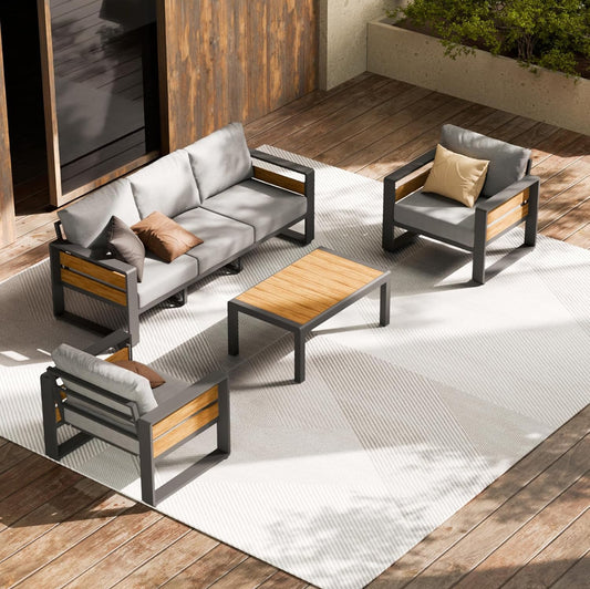 Pre -orden Juego de muebles de conversación de aluminio para patio al aire libre, 4 piezas de muebles seccionales . Aluminio gris cojines gris claros.