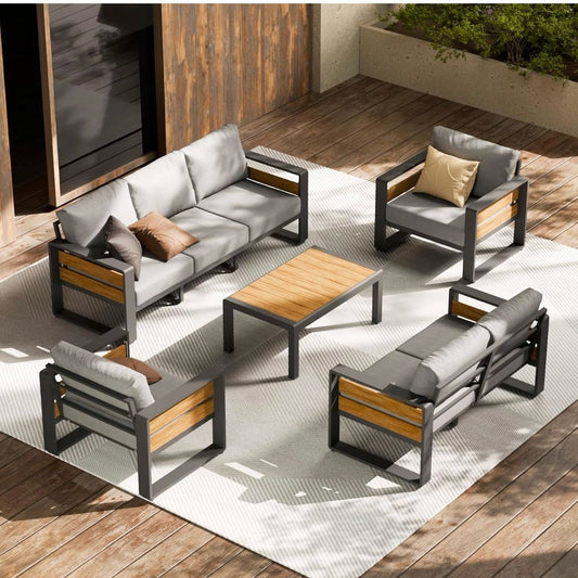 Pre-venta Juego de muebles gris y crema de aluminio para patio al aire libre, 5 piezas de metal moderno seccional para conversación exterior con mesa auxiliar y cojines gruesos lavables, sofá de asiento para jardín. Cojines gris