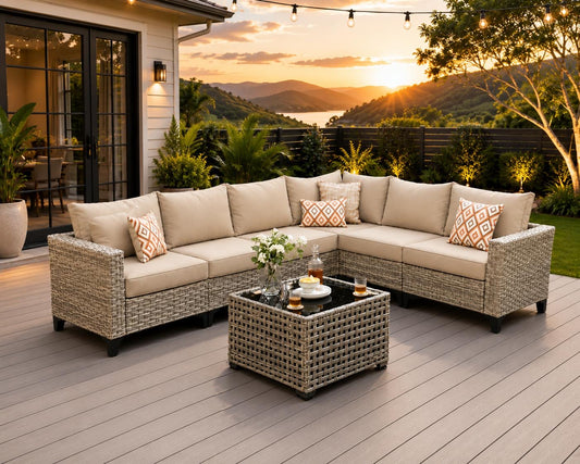 Modular 7 piezas mimbre cojines beige.