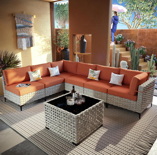 Muebles de patio al aire libre de 7 piezas con mesa de centro brillante, juego de cubierta de mimbre de ratán con sofá, sillas individuales seccionales para porche exterior, balcón, patio color terracota