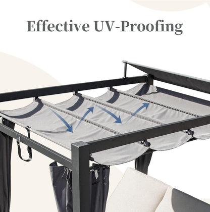 Domi Sofá cama de aluminio para patio al aire libre con cama retráctil con dosel retráctil, cortina gris con cojín beige y soporte para tazas.