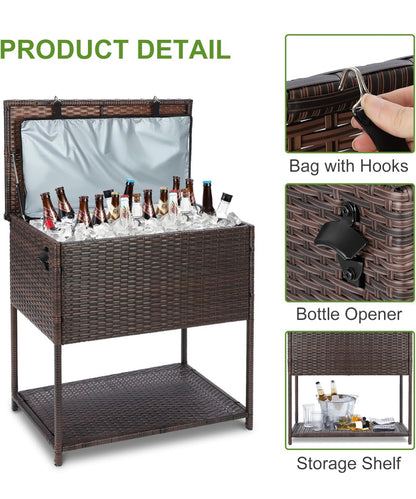 Enfriador grande de 80 cuartos de galón para bebidas al aire libre con abridor de botellas. Mimbre marrón.