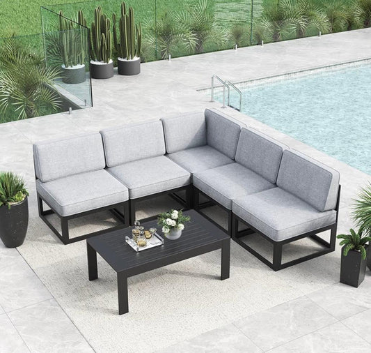 Pre-venta Juego de muebles grandes de aluminio para patio, 6 piezas, juego de sofá seccional de aluminio con cojín de olefina ( negro y gris)